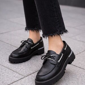 Sperry Women's Black Leather Lug Boat Shoes Top Sider Chunky Boat Black Size 9